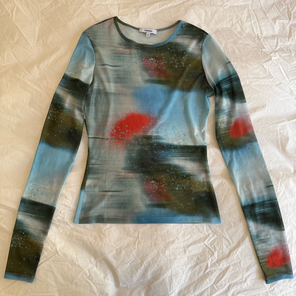 Miaou Blue Fitted Graphic Long Sleeve Blouse